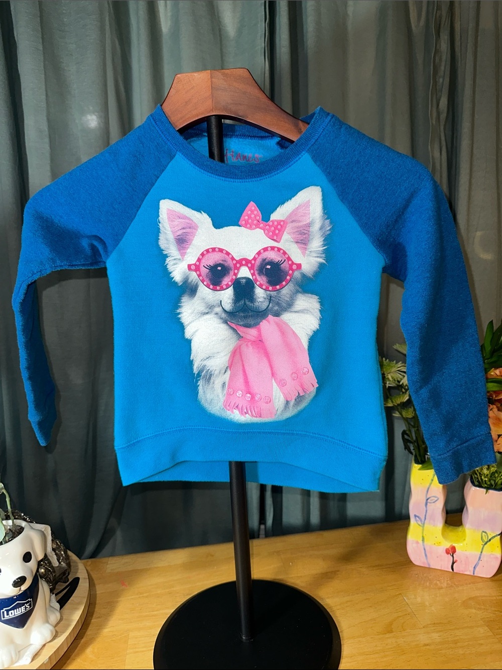 Hanes Bright Blue Kids Sweatshirt with Pink Dog Graphic XS(4/5) B225